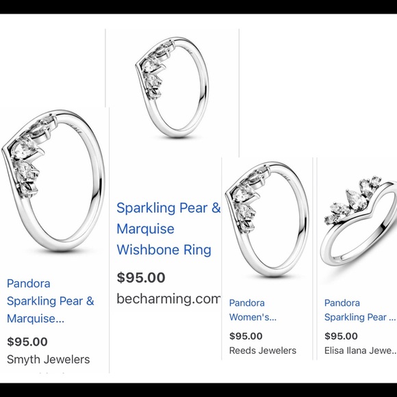 $95 New Pandora Sparkling Pear Marquise Wishbone Ring in Silver